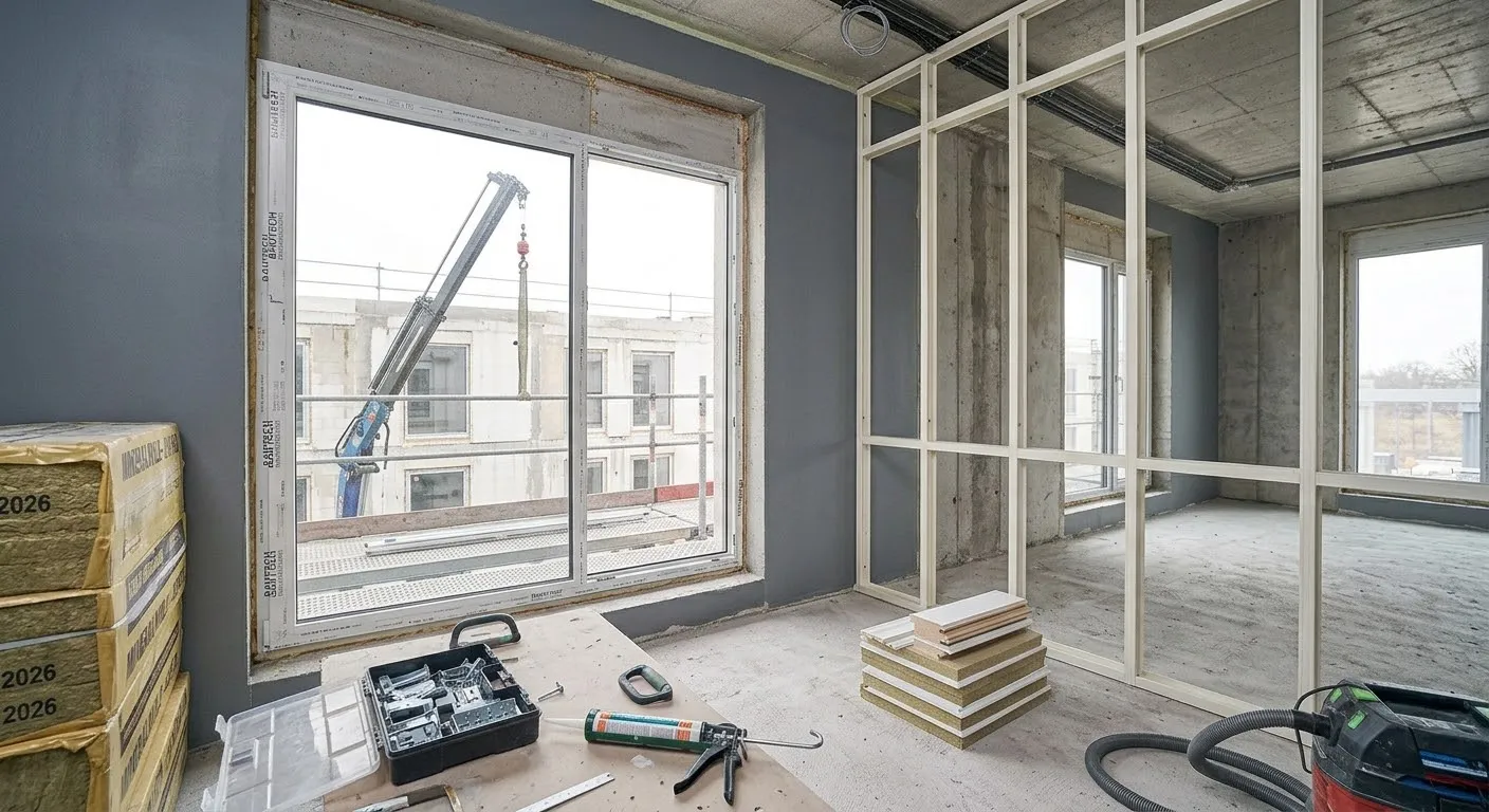Trockenbau-Ständerwerk mit Metallprofilen und Dämmwolle vor Fensterfront